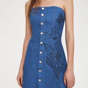Cider Strapless Denim Dress with Floral Accents